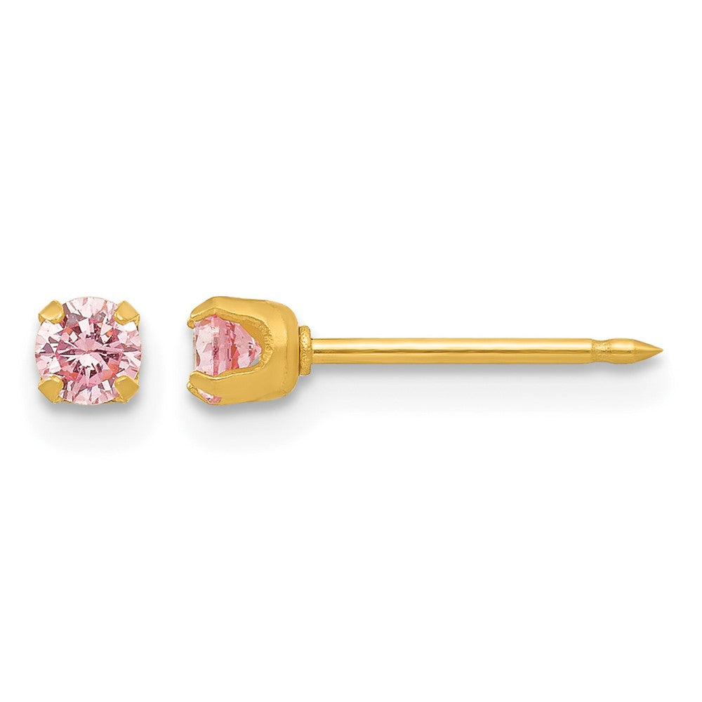 14K Yellow Gold 3mm Pink CZ Post Earrings - Product Photo