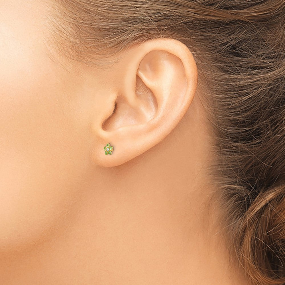 14K Yellow Gold August Lt Green Crystal Birthstone Flower Earrings - Product Photo