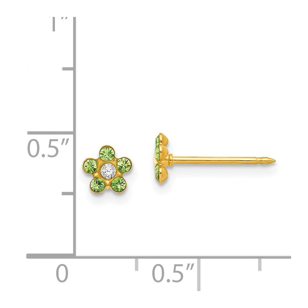 14K Yellow Gold August Lt Green Crystal Birthstone Flower Earrings - Product Photo
