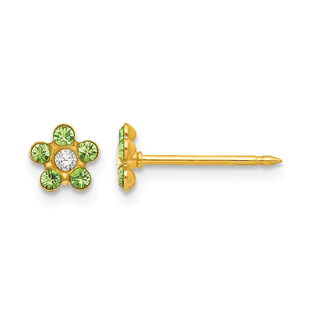 14K Yellow Gold August Lt Green Crystal Birthstone Flower Earrings