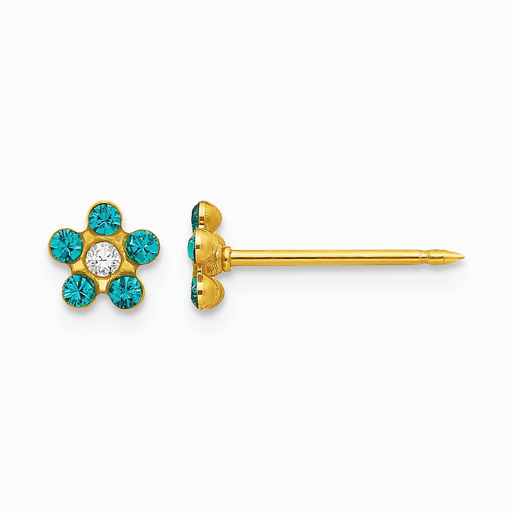 14K Yellow Gold December Blue Crystal Birthstone Flower Earrings