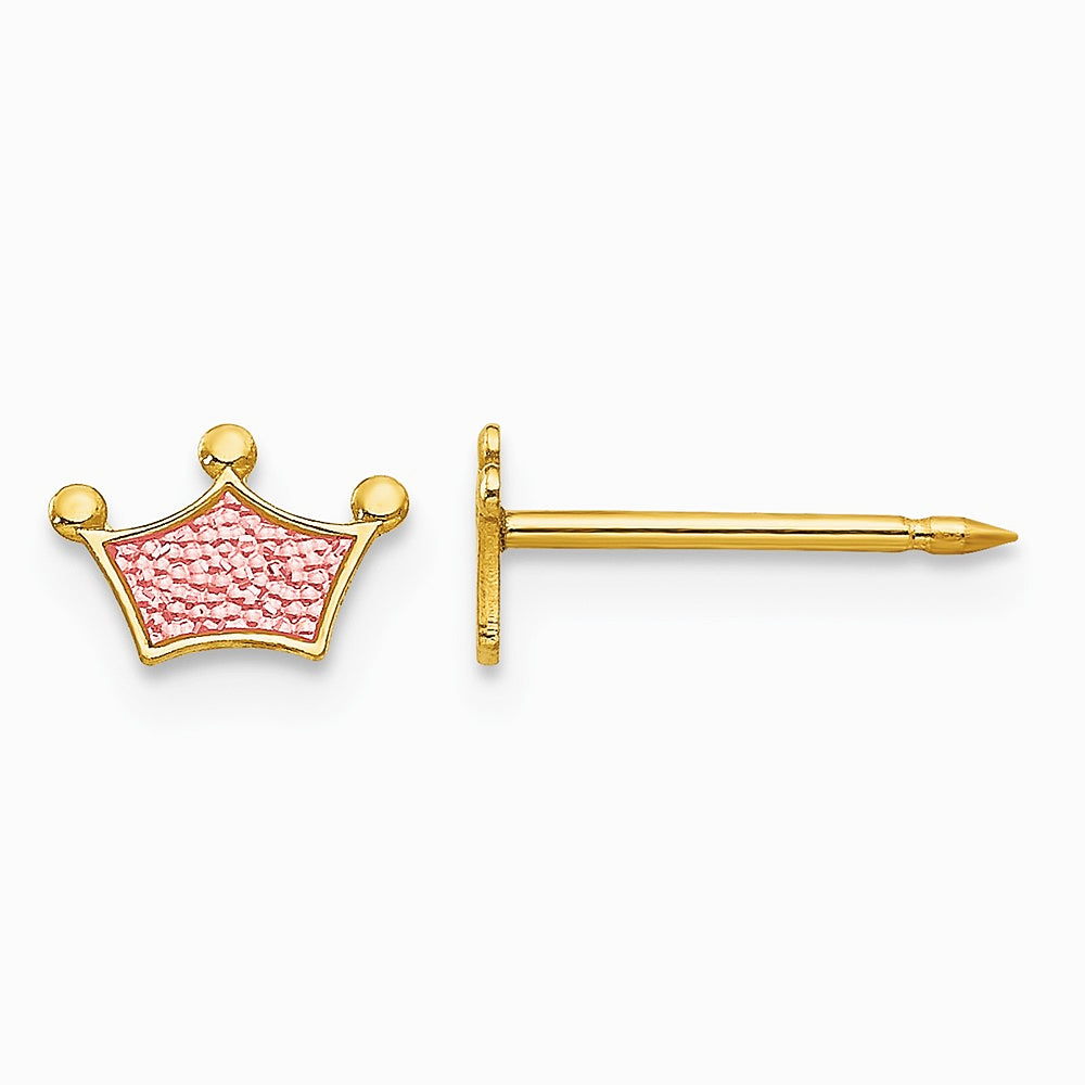 14K Yellow Gold Epoxy Fill Pink Crown Earrings