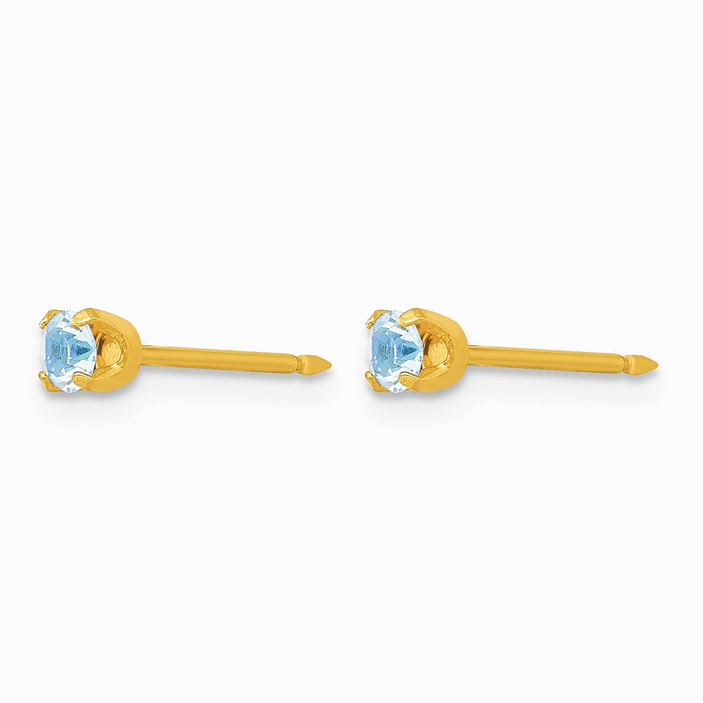 14K Yellow Gold 3mm March Crystal Birthstone Post Earrings - Product Photo