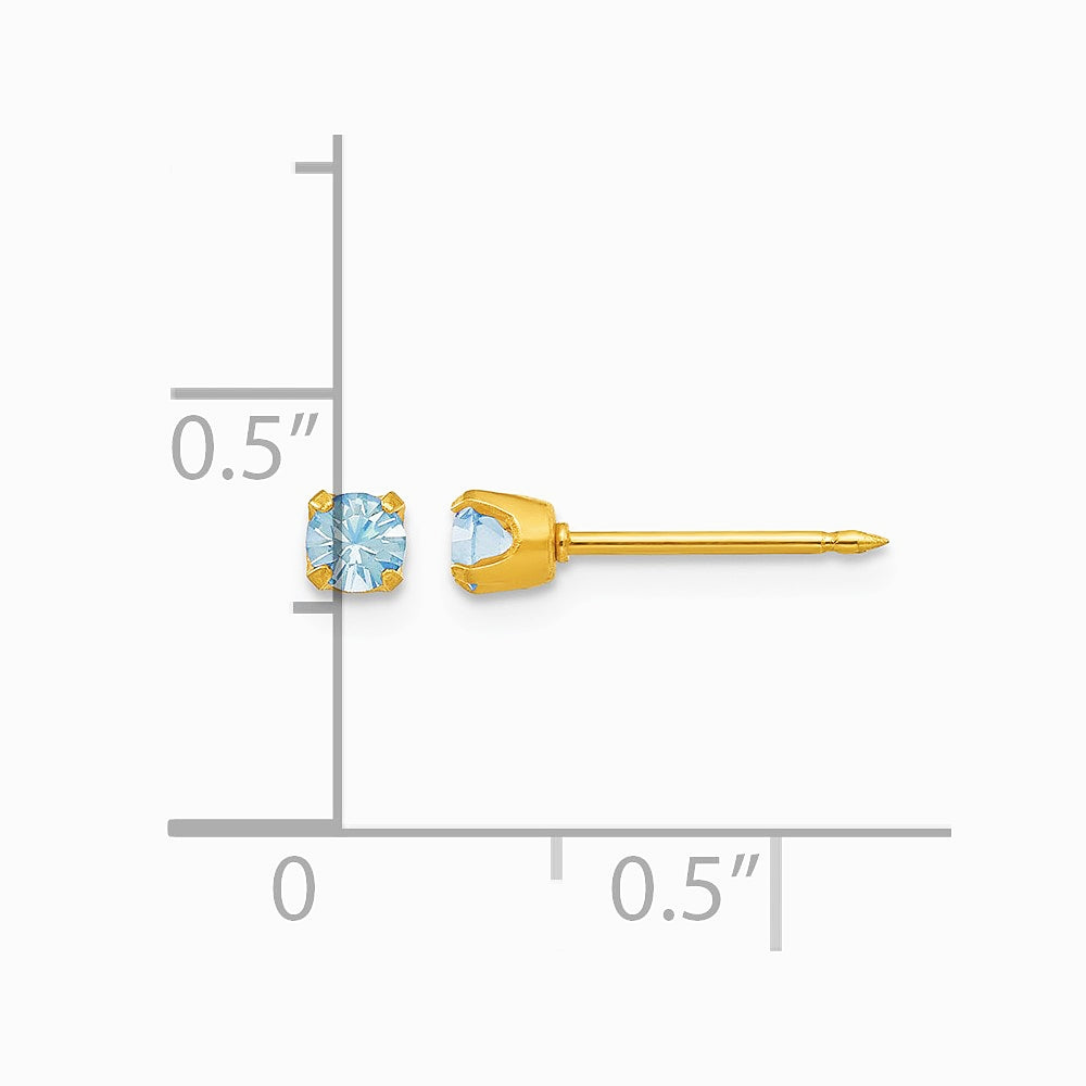 14K Yellow Gold 3mm March Crystal Birthstone Post Earrings - Product Photo