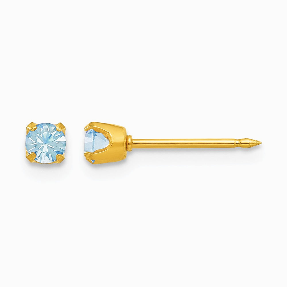 14K Yellow Gold 3mm March Crystal Birthstone Post Earrings - Product Photo