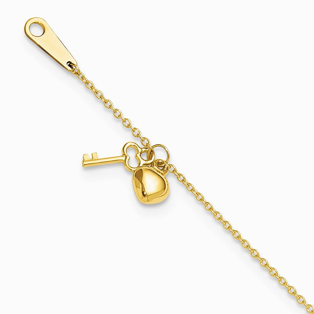 14K Yellow Gold Gold Heart and Key 9in Plus 1in ext. Anklet - Product Photo