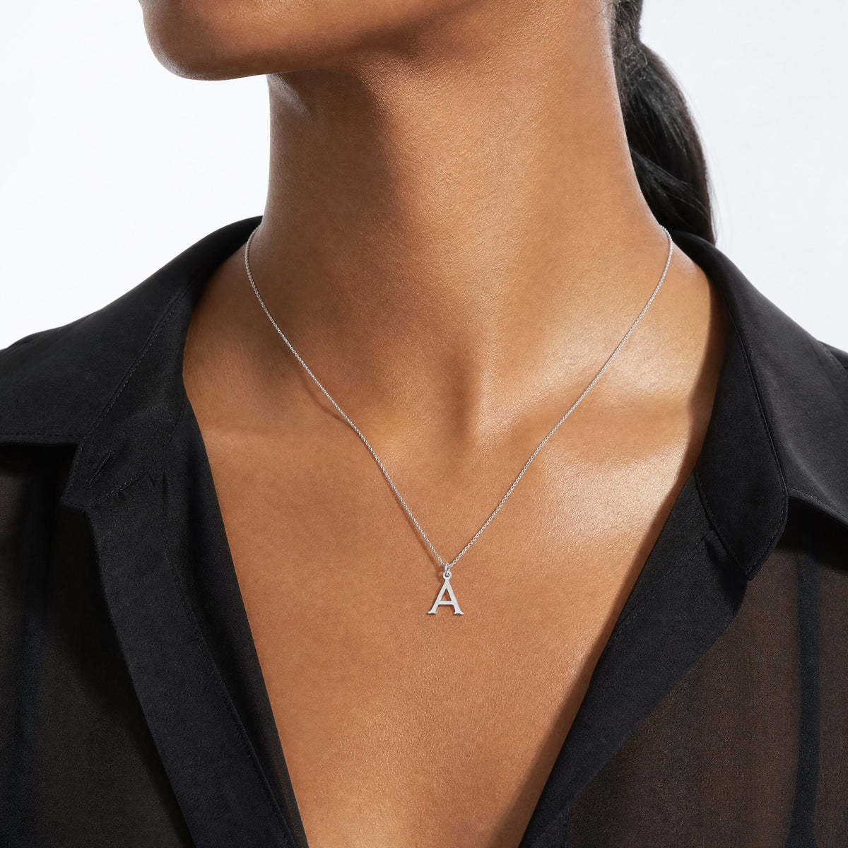 14KW Cutout Letter A Initial Necklace - Model Shot