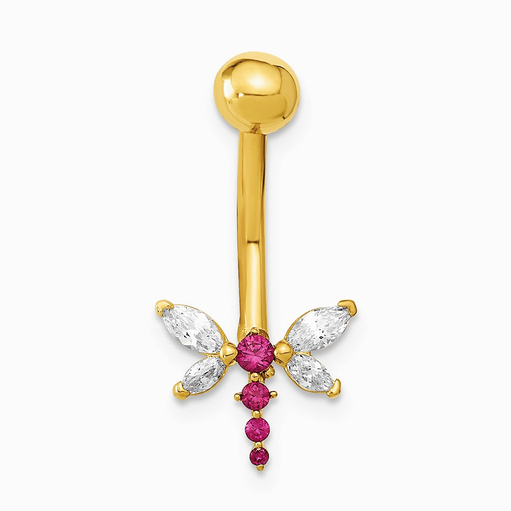 14K Yellow Gold 14 Gauge Dragonfly CZ Belly/Navel Ring Body Jewelry - Product Photo
