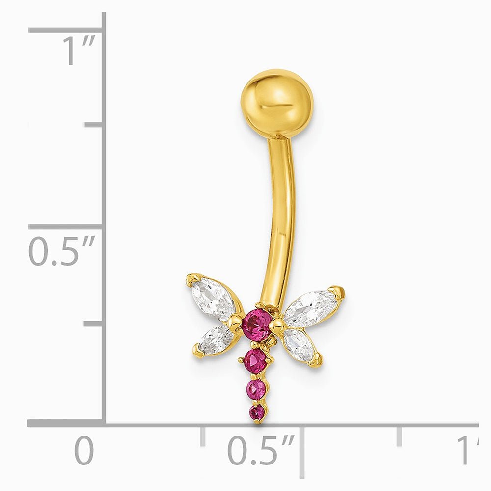 14K Yellow Gold 14 Gauge Dragonfly CZ Belly/Navel Ring Body Jewelry - Product Photo