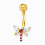14K Yellow Gold 14 Gauge Dragonfly CZ Belly/Navel Ring Body Jewelry - Product Photo