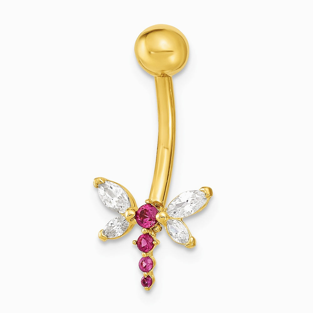 14K Yellow Gold 14 Gauge Dragonfly CZ Belly/Navel Ring Body Jewelry