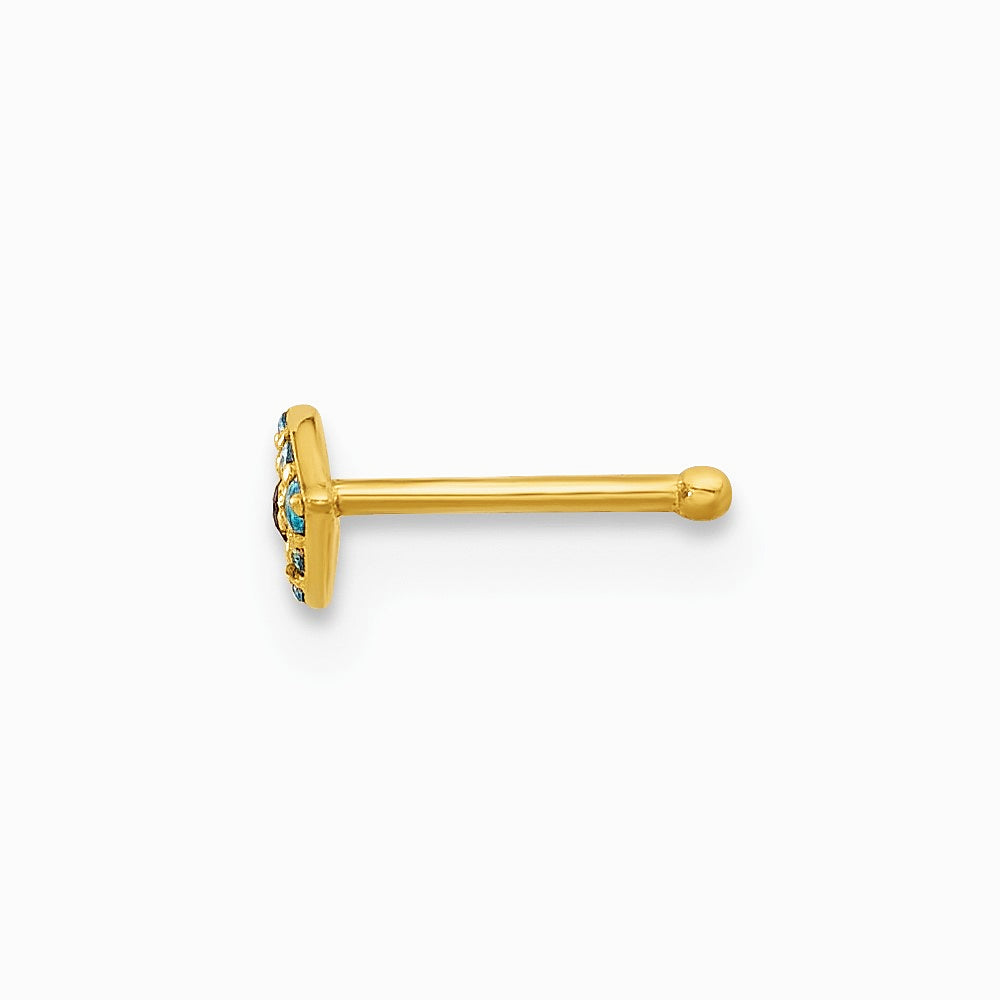 14K Yellow Gold 20 Gauge Polished Blue CZ Evil Eye Nose Stud - Product Photo
