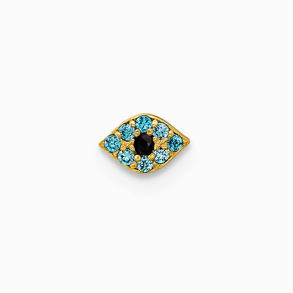 14K Yellow Gold 20 Gauge Polished Blue CZ Evil Eye Nose Stud - Product Photo