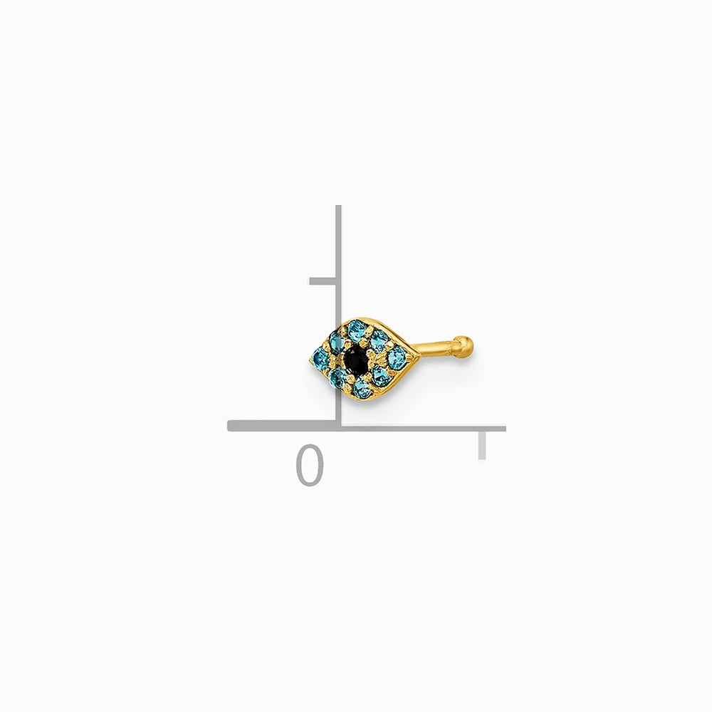 14K Yellow Gold 20 Gauge Polished Blue CZ Evil Eye Nose Stud - Product Photo