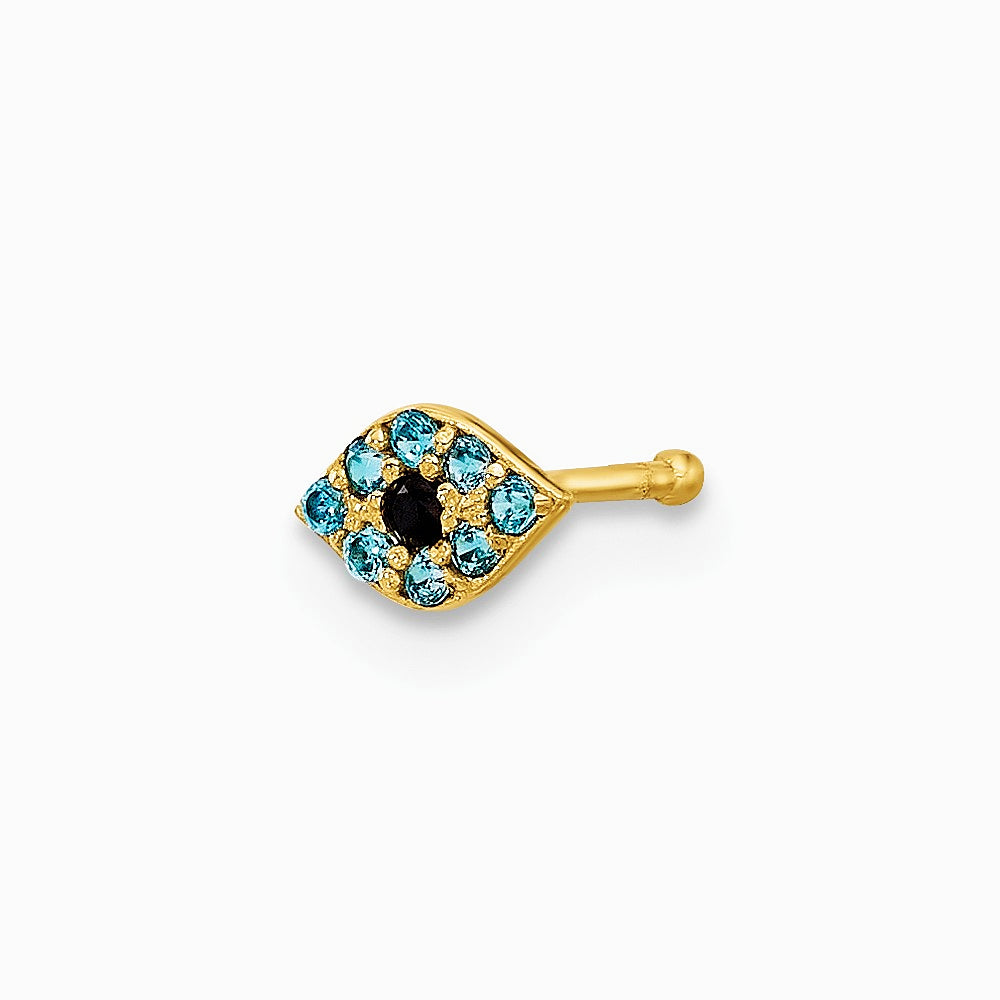 14K Yellow Gold 20 Gauge Polished Blue CZ Evil Eye Nose Stud