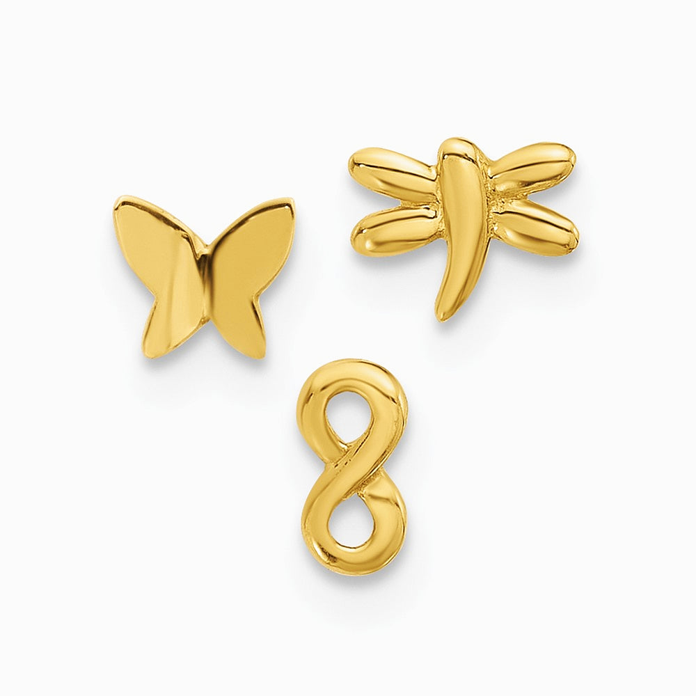 14K Yellow Gold 22 Gauge Pol. Infinity Symbol, Dragonfly and Butterfly Nose Stud - Product Photo