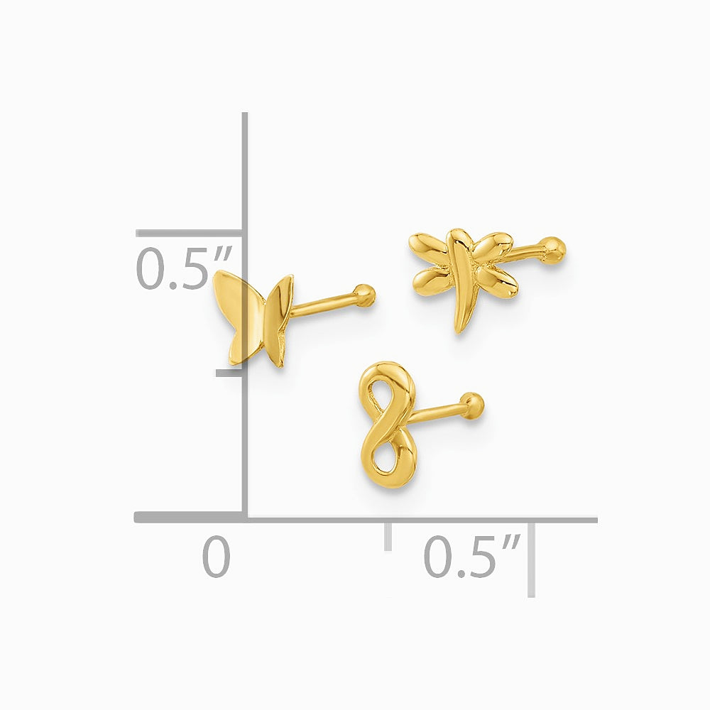 14K Yellow Gold 22 Gauge Pol. Infinity Symbol, Dragonfly and Butterfly Nose Stud - Product Photo