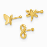 14K Yellow Gold 22 Gauge Pol. Infinity Symbol, Dragonfly and Butterfly Nose Stud - Product Photo