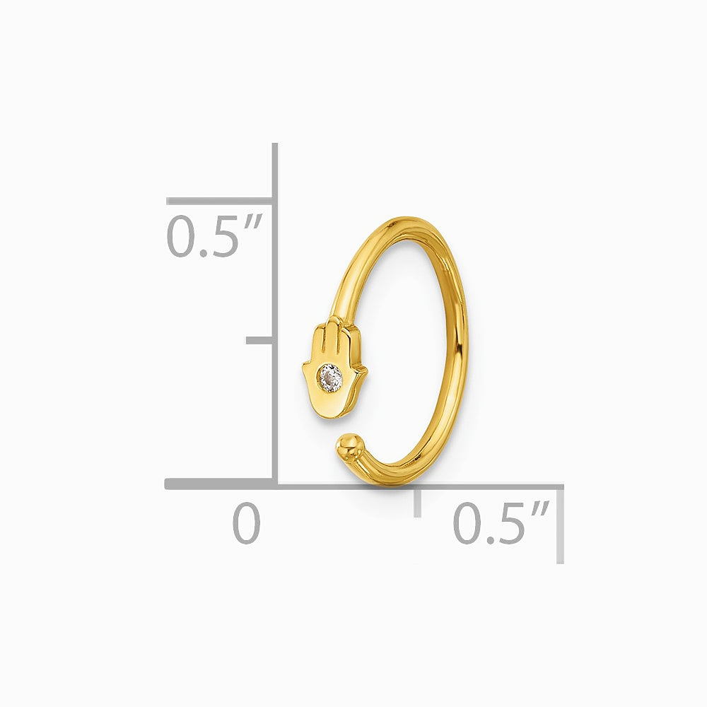 14K Yellow Gold 20 Gauge Polished CZ Hamsa Nose Ring - Product Photo