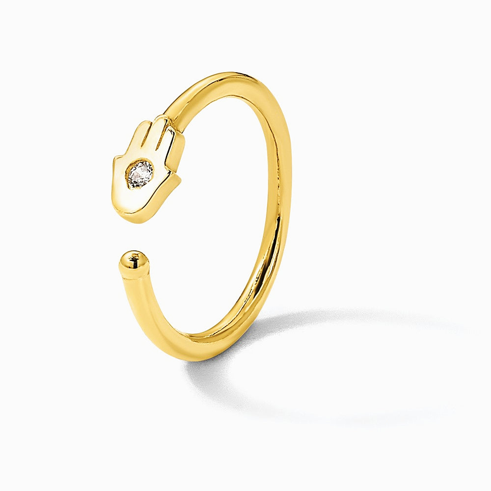 14K Yellow Gold 20 Gauge Polished CZ Hamsa Nose Ring - Product Photo