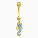 14K Yellow Gold 14 Gauge Polished Blue CZ Seahorse Dangle Navel/Belly Ring - Product Photo