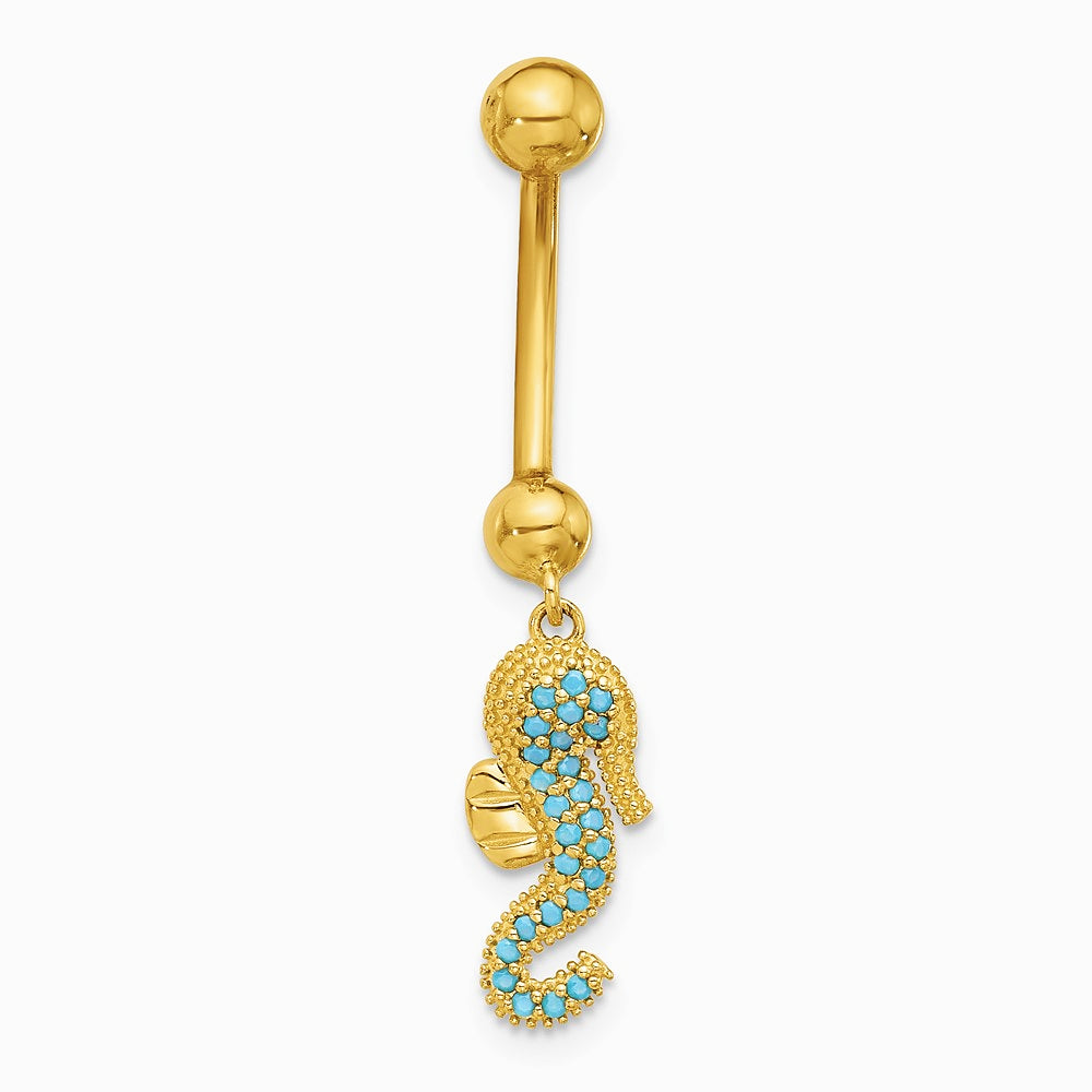 14K Yellow Gold 14 Gauge Polished Blue CZ Seahorse Dangle Navel/Belly Ring - Product Photo