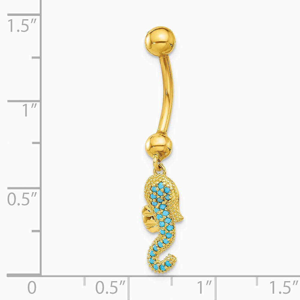 14K Yellow Gold 14 Gauge Polished Blue CZ Seahorse Dangle Navel/Belly Ring - Product Photo