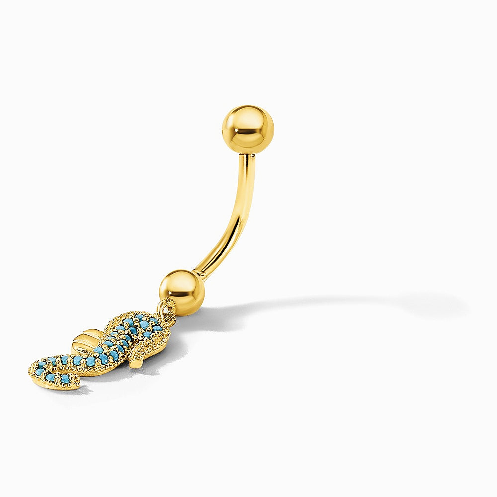 14K Yellow Gold 14 Gauge Polished Blue CZ Seahorse Dangle Navel/Belly Ring - Product Photo