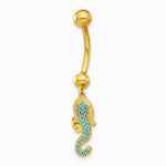 14K Yellow Gold 14 Gauge Polished Blue CZ Seahorse Dangle Navel/Belly Ring - Product Photo