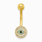 14K Yellow Gold 14 Gauge Polished Multi-color CZ Evil Eye Navel/Belly Ring - Product Photo