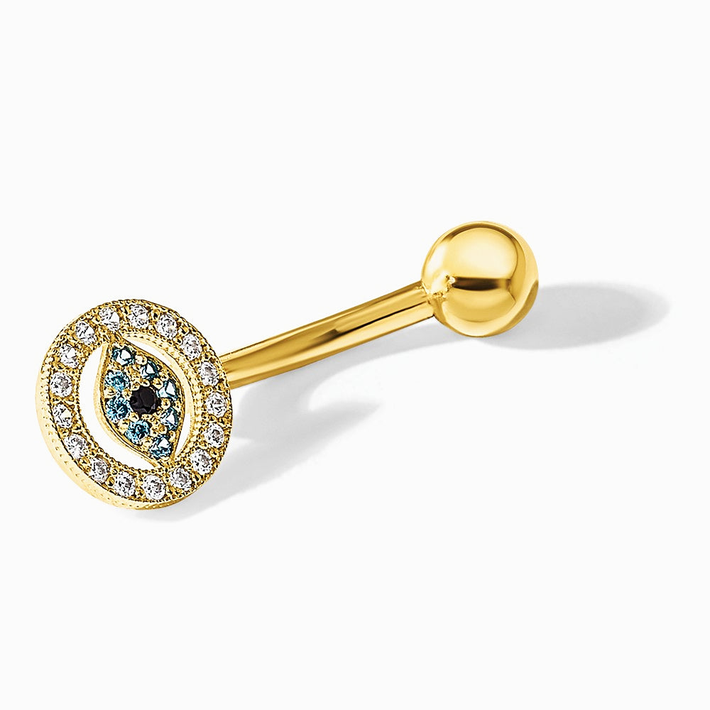 14K Yellow Gold 14 Gauge Polished Multi-color CZ Evil Eye Navel/Belly Ring - Product Photo