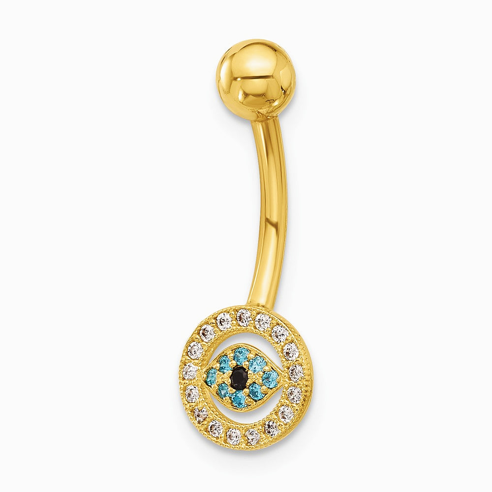 14K Yellow Gold 14 Gauge Polished Multi-color CZ Evil Eye Navel/Belly Ring - Product Photo