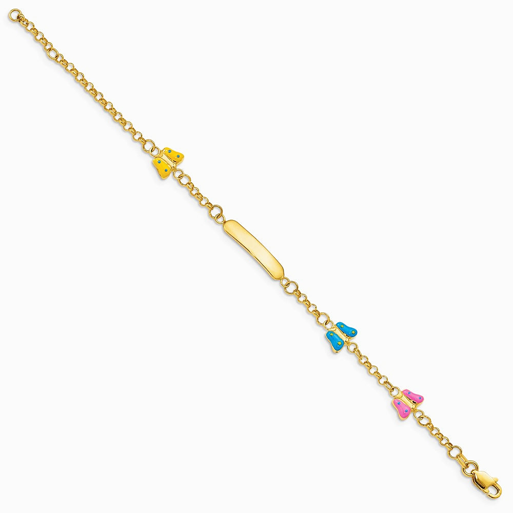 14K Yellow Gold Children's Enameled Butterflies w/.5in ext. ID Bracelet - Product Photo