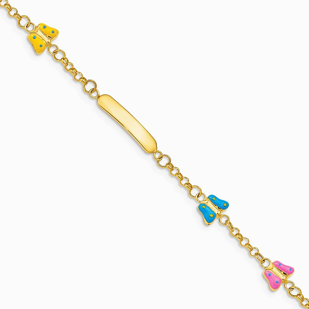 14K Yellow Gold Children's Enameled Butterflies w/.5in ext. ID Bracelet