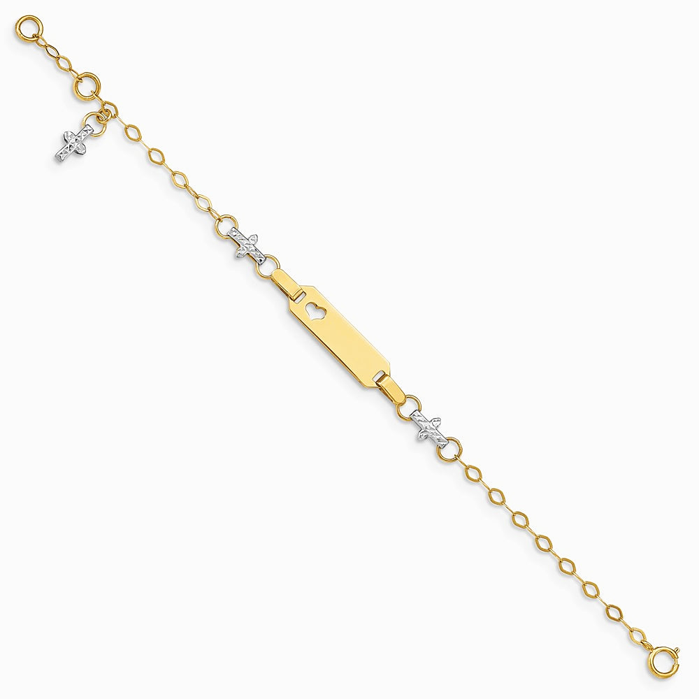 14K Two-tone Baby Polished and Textured Cross with 1in ext. ID Bracelet - Product Photo