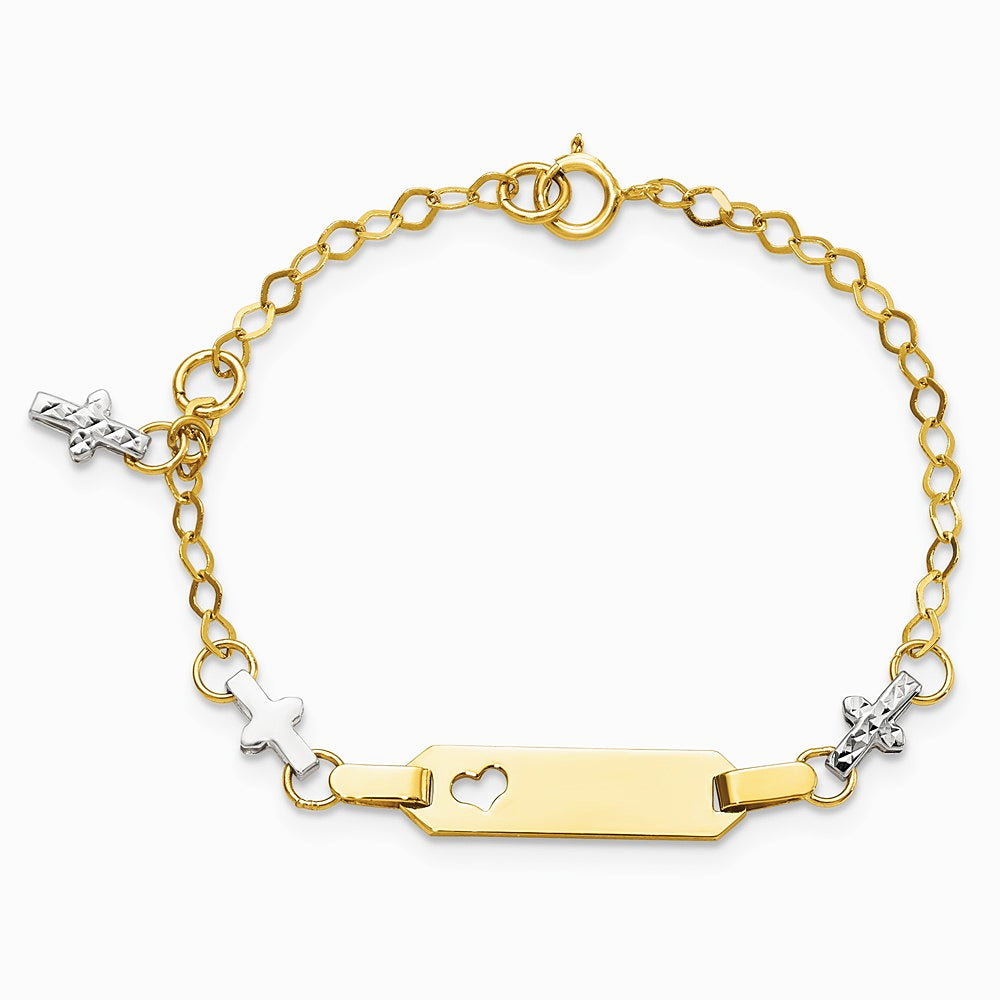14K Two-tone Baby Polished and Textured Cross with 1in ext. ID Bracelet - Product Photo