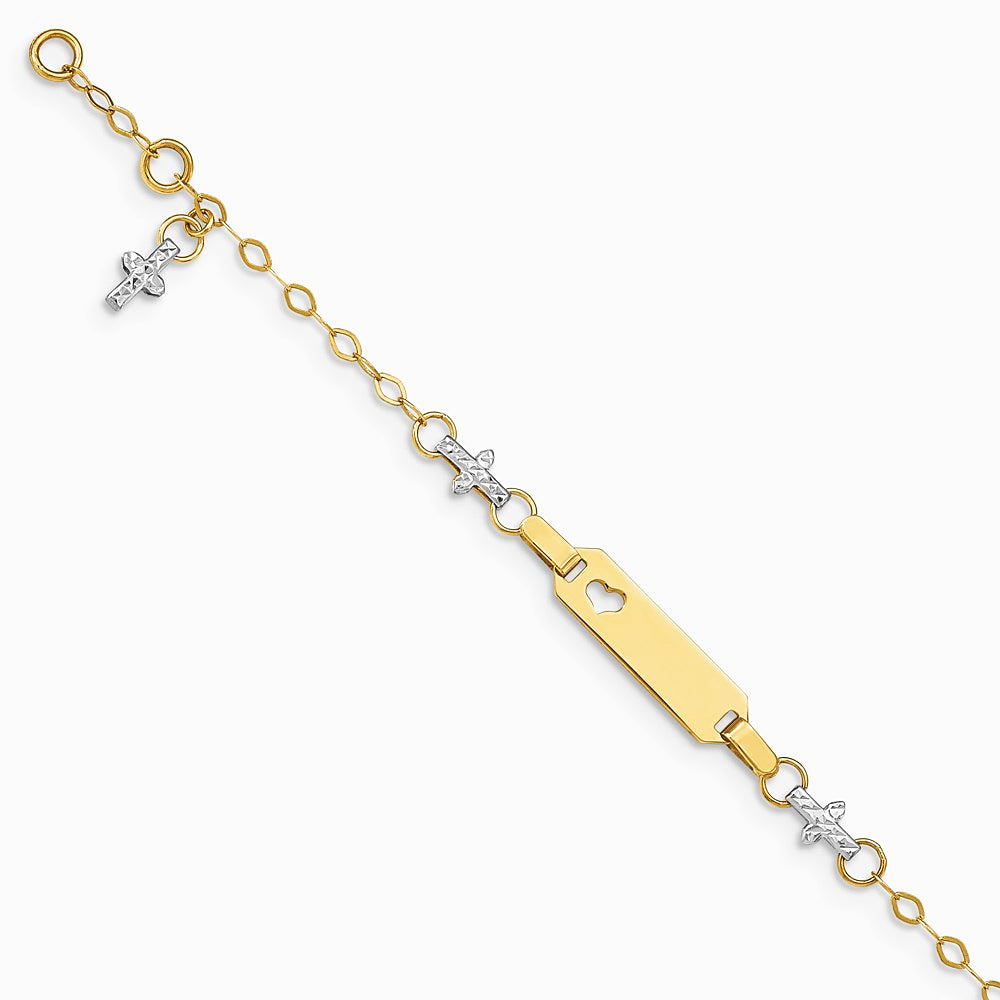 14K Two-tone Baby Polished and Textured Cross with 1in ext. ID Bracelet - Product Photo