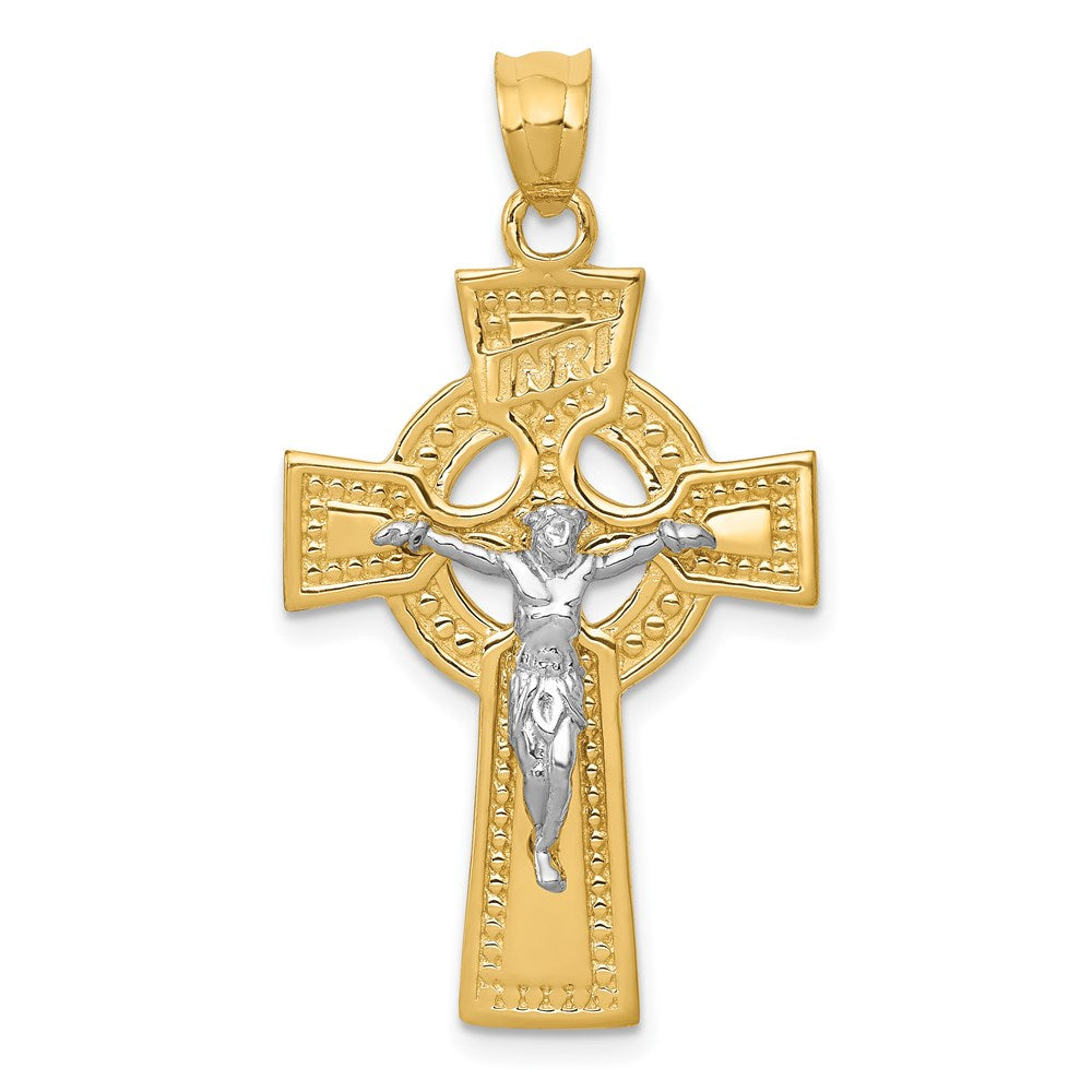 14K Two-tone INRI Celtic Crucifix Pendant