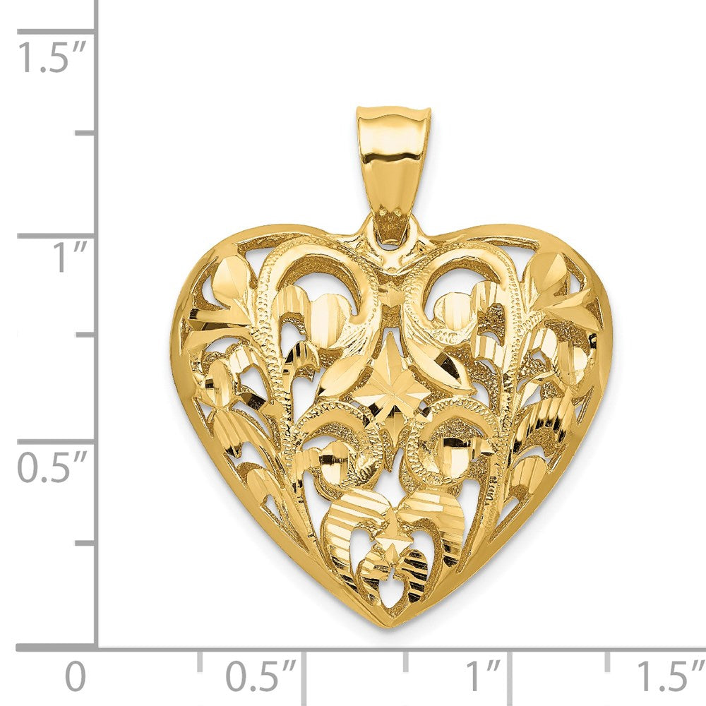 14K Yellow Gold Polished Diamond-cut Filigree 3-D Heart Pendant - Product Photo