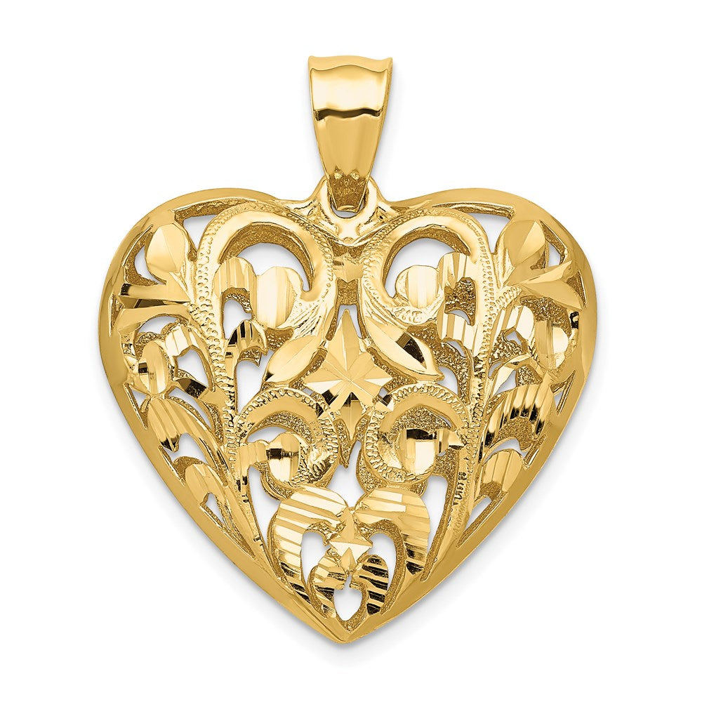 14K Yellow Gold Polished Diamond-cut Filigree 3-D Heart Pendant - Product Photo