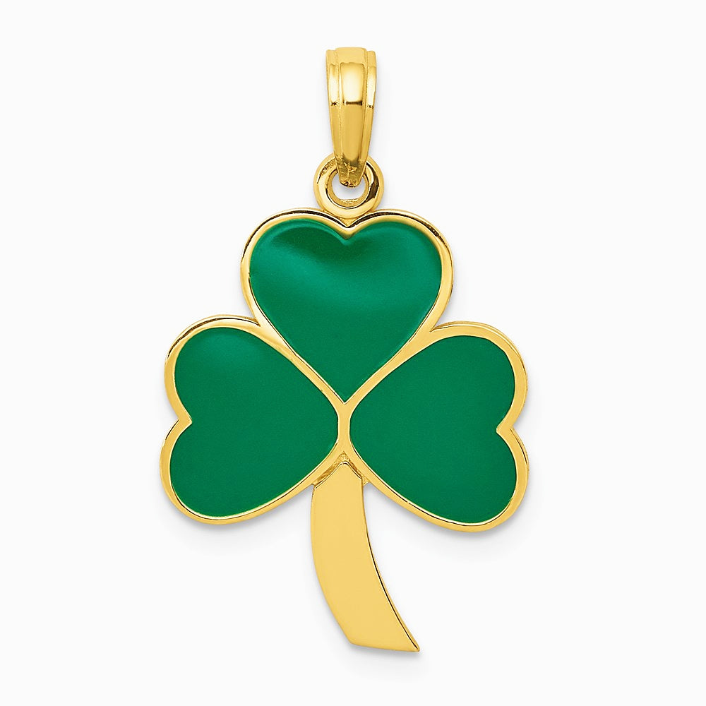 10K / 14K Yellow Gold Green Enameled Shamrock Pendant - Product Photo