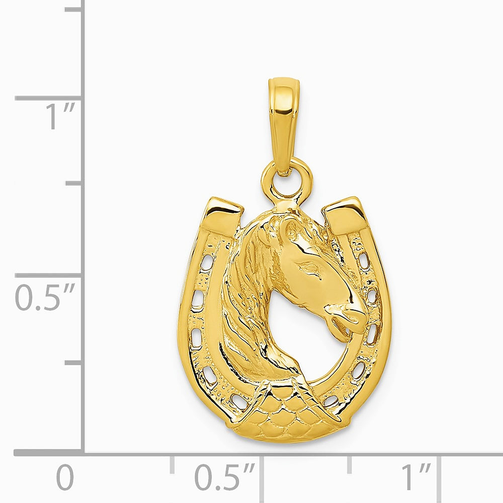 10K / 14K Yellow Gold Solid Polished Horse Head in Horseshoe Pendant - Product Photo