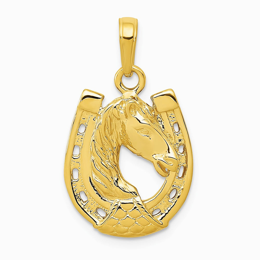 10K / 14K Yellow Gold Solid Polished Horse Head in Horseshoe Pendant - Product Photo