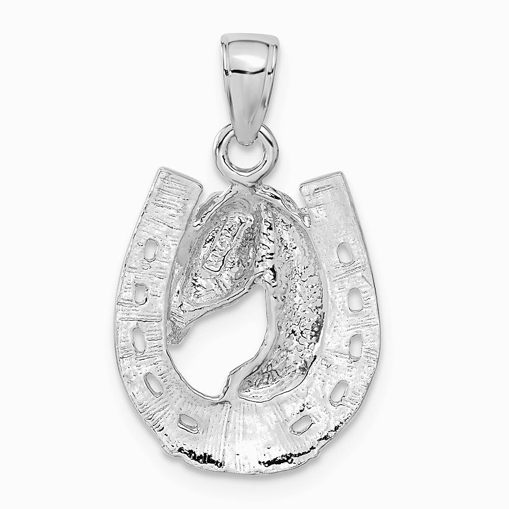 14K White Gold Solid Polished Horse Head in Horseshoe Pendant - Product Photo