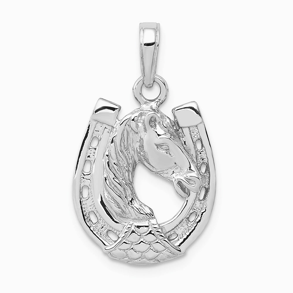 14K White Gold Solid Polished Horse Head in Horseshoe Pendant - Product Photo