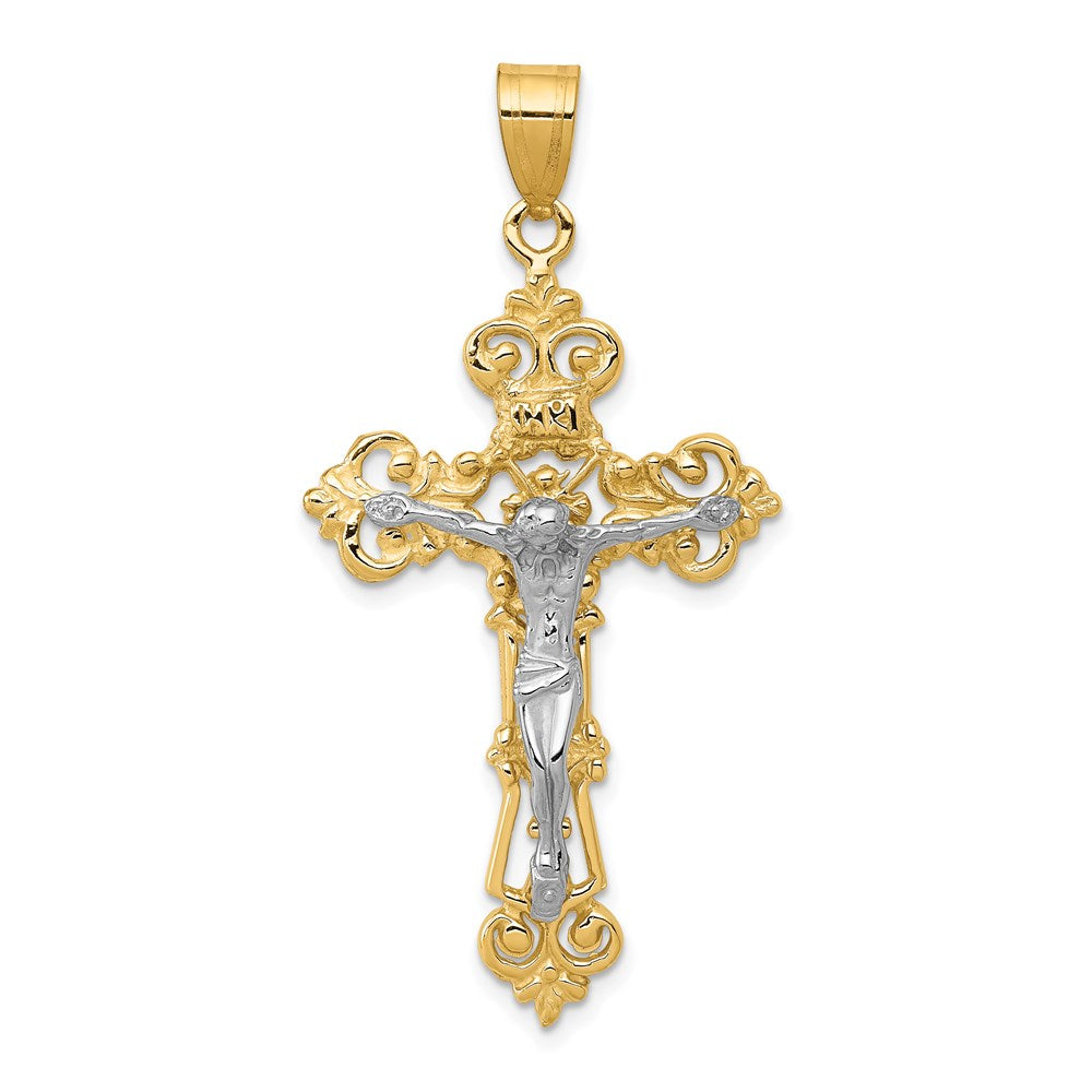 10K / 14K Two-tone INRI Fleur De Lis Crucifix Pendant - Product Photo