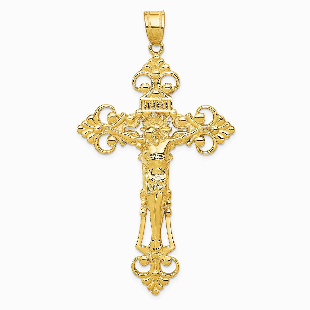 14K Yellow Gold INRI Fleur De Lis Crucifix Pendant