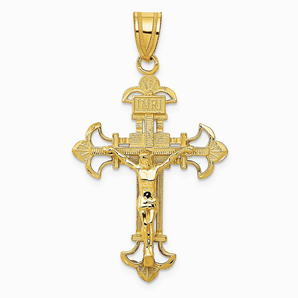 14K Yellow Gold INRI Fleur De Lis Crucifix Pendant
