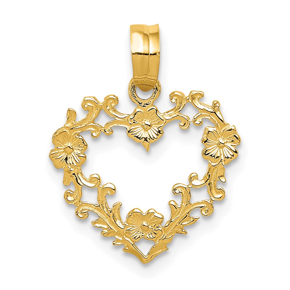 10K / 14K Yellow Gold Polished Floral Border Heart Pendant - Product Photo