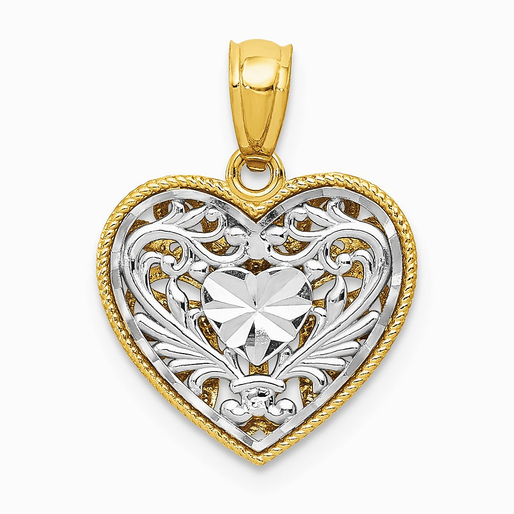 14K Two-tone Polished Diamond-cut Reversible Heart Pendant - Product Photo